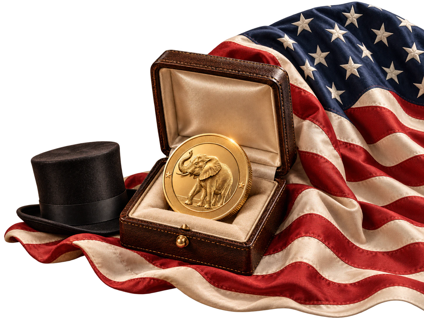 A gold elephant coin in a leather presentation box beside a top hat, on an American flag