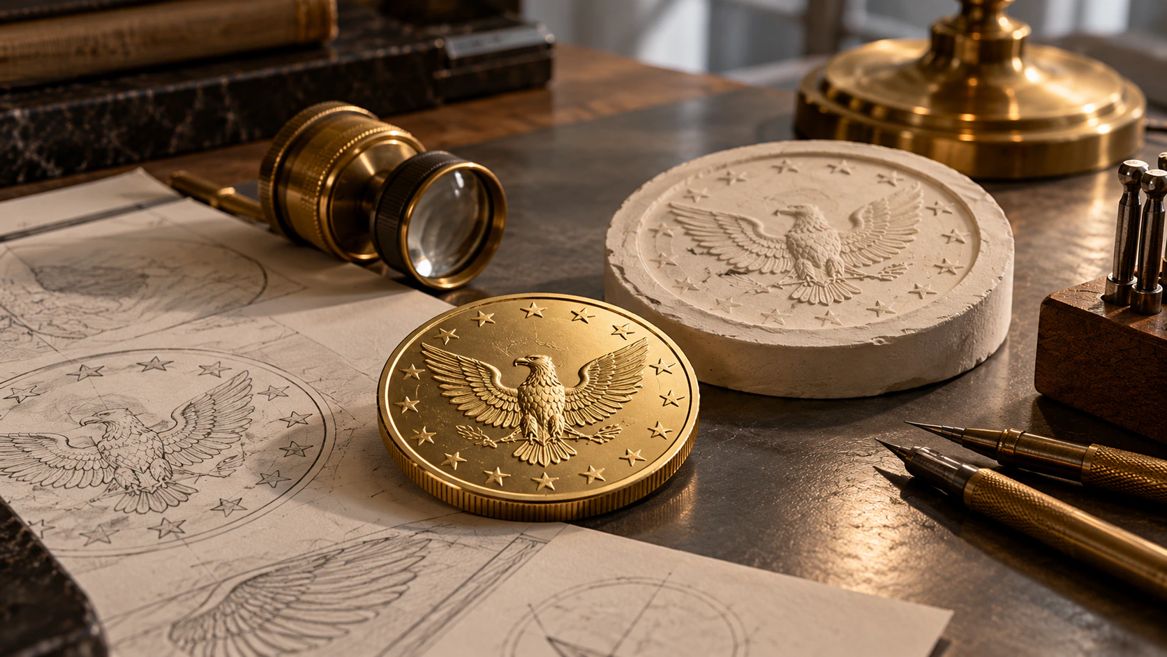 A gold eagle coin and a plaster coin model on engraving sketches