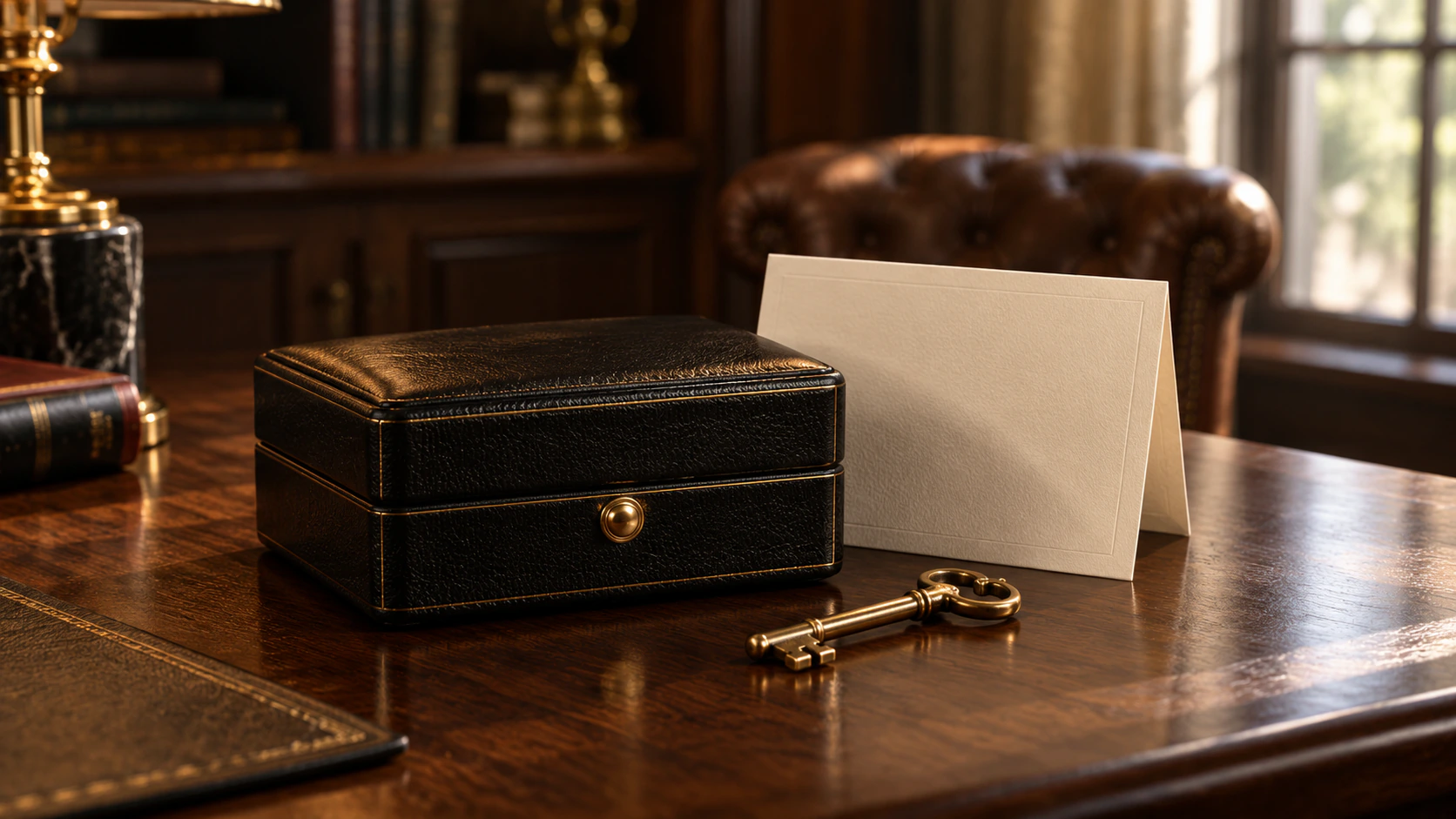 A leather coin box, a blank card and a key on a wooden desk