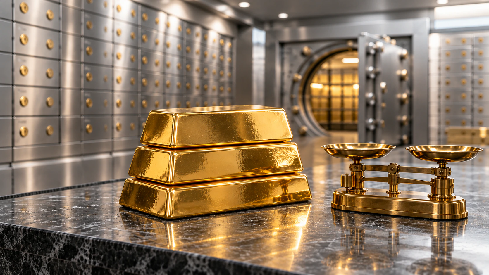 Gold bars and a brass balance in front of a bank vault