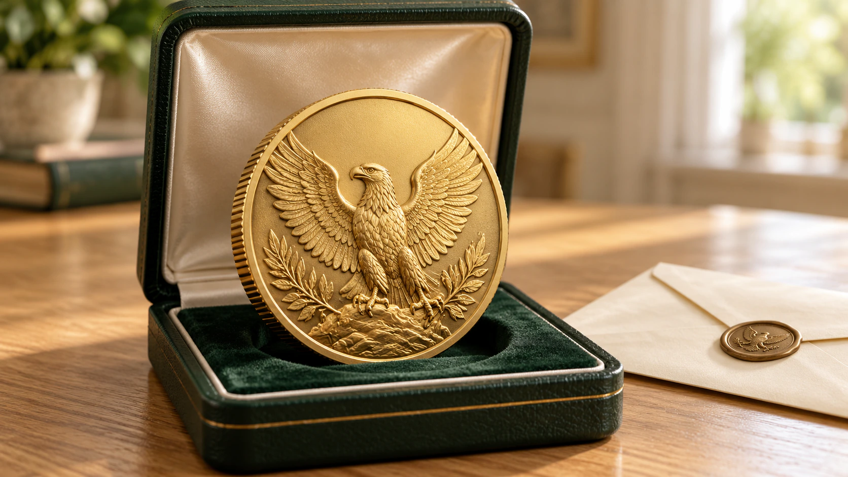 A gold eagle coin in an open green presentation case beside a sealed envelope